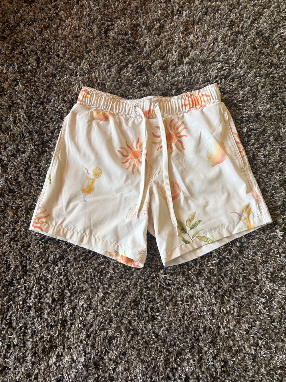 Malibu Cream Citrus & Sun Print Drawstring Swim Shorts